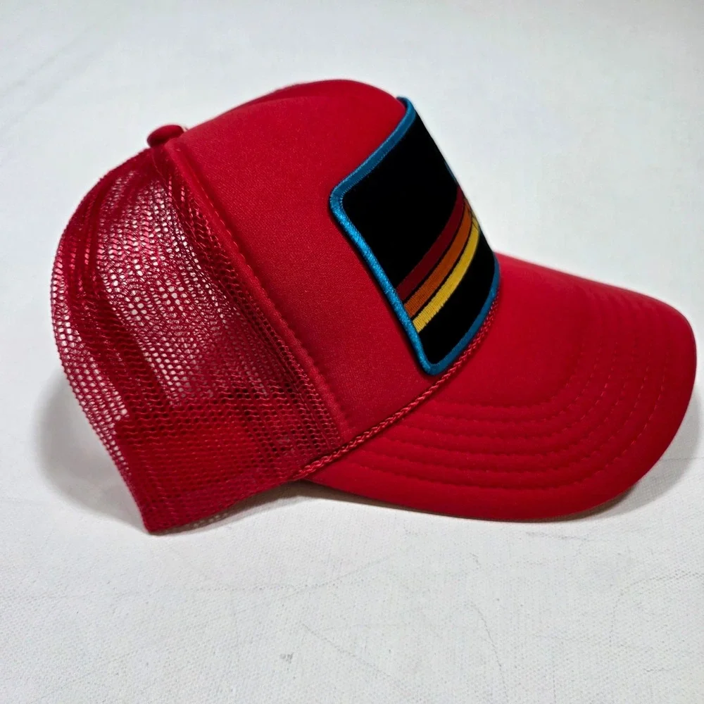 Port Sandz Trucker Hat Mens Surf Red Peace Sign Retro Stripe Mesh Snapback Cap